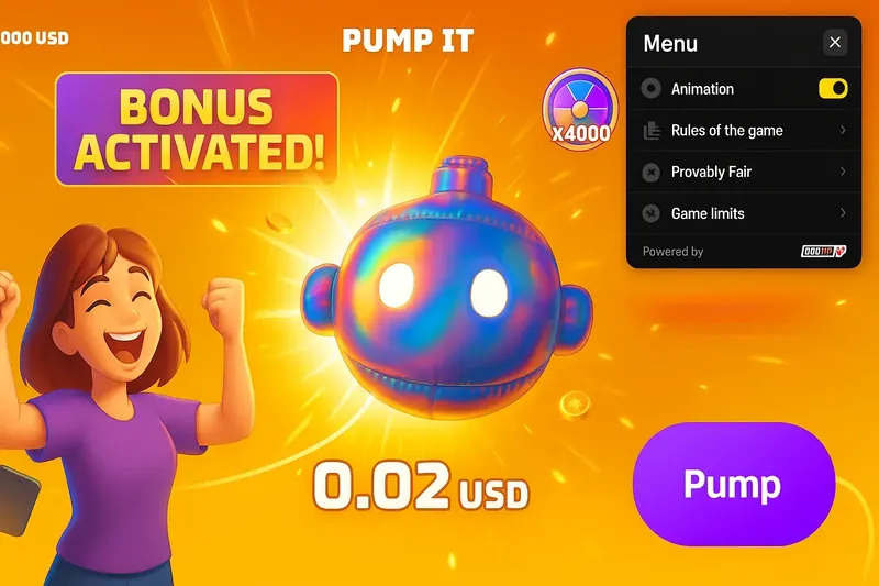 A screenshot from the PUMP IT game showing that the BONUS ACTIVATED! feature is active. A cartoon girl celebrates next to the glowing robot character, with the game's menu open on the side.