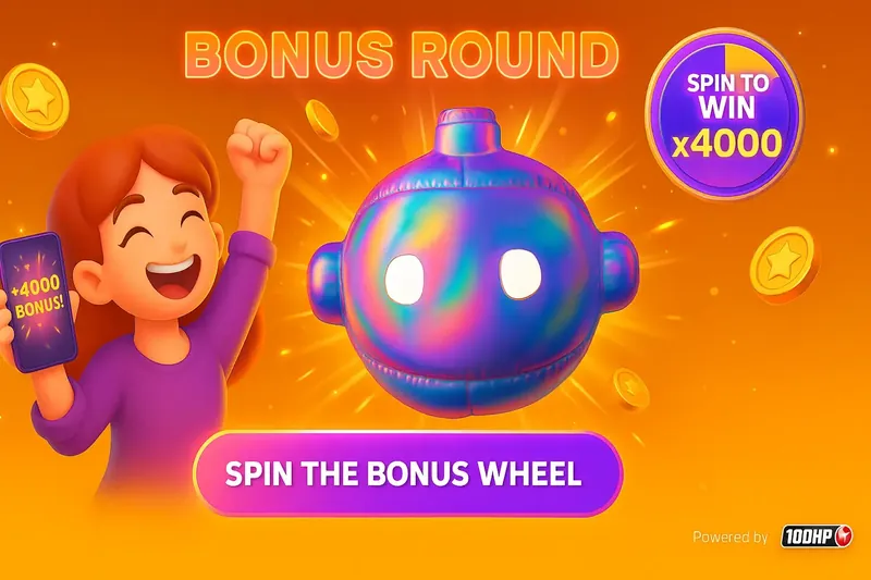 A promotional banner for the BONUS ROUND of a game powered by 100HP. A happy cartoon girl celebrates winning a +4000 bonus, next to a futuristic, iridescent robot character. The text invites players to SPIN THE BONUS WHEEL.
