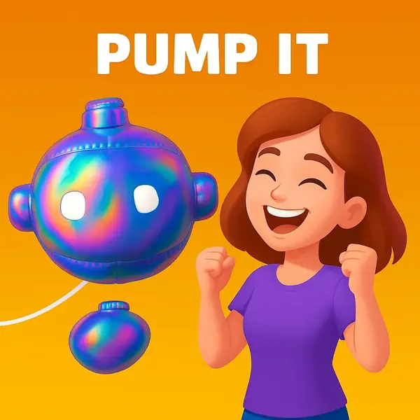 An advertisement for the PUMP IT game. A cheerful cartoon woman celebrates next to the game's main character, a floating, iridescent robot-like bomb being pumped up.