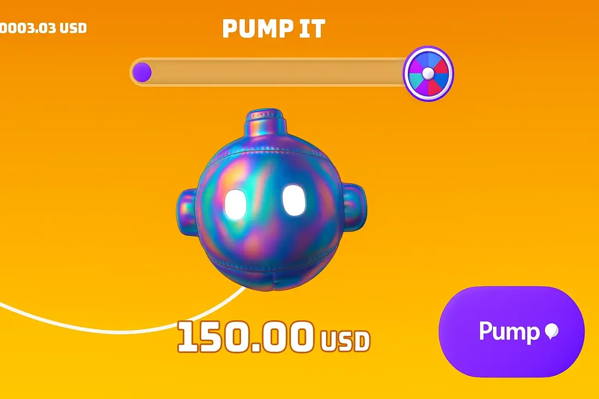A screenshot of the PUMP IT gameplay interface. A progress bar is being filled as the player pumps the central robot character to win a prize, with a Pump button in the corner.