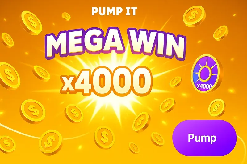A celebratory banner for a MEGA WIN in the PUMP IT game, announcing a x4000 multiplier. The background is an explosion of light with gold dollar coins raining down.